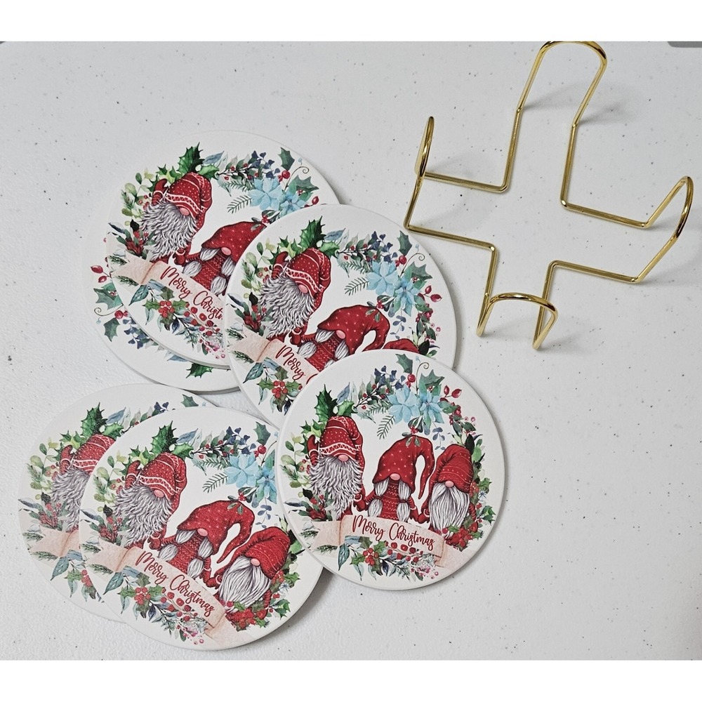 NEW Gnome Christmas Bar Coasters Set of 6 Absorbent Stone Coasters w Holder - Picture 5 of 7